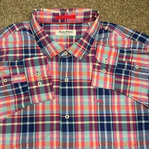 Tommy Bahama Siesta Key Button Shirt Men 3XLB Pink Blue Tartan Plaid Long Sleeve